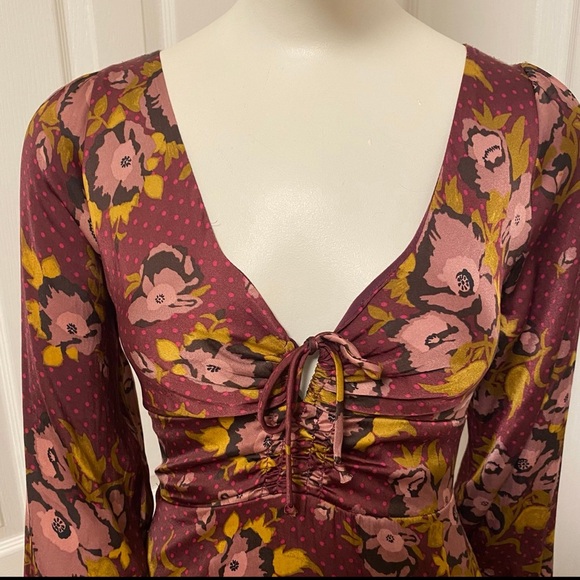 Free People burgundy Morning Light floral fit & flare long sleeve mini dress 10 - Picture 9 of 12